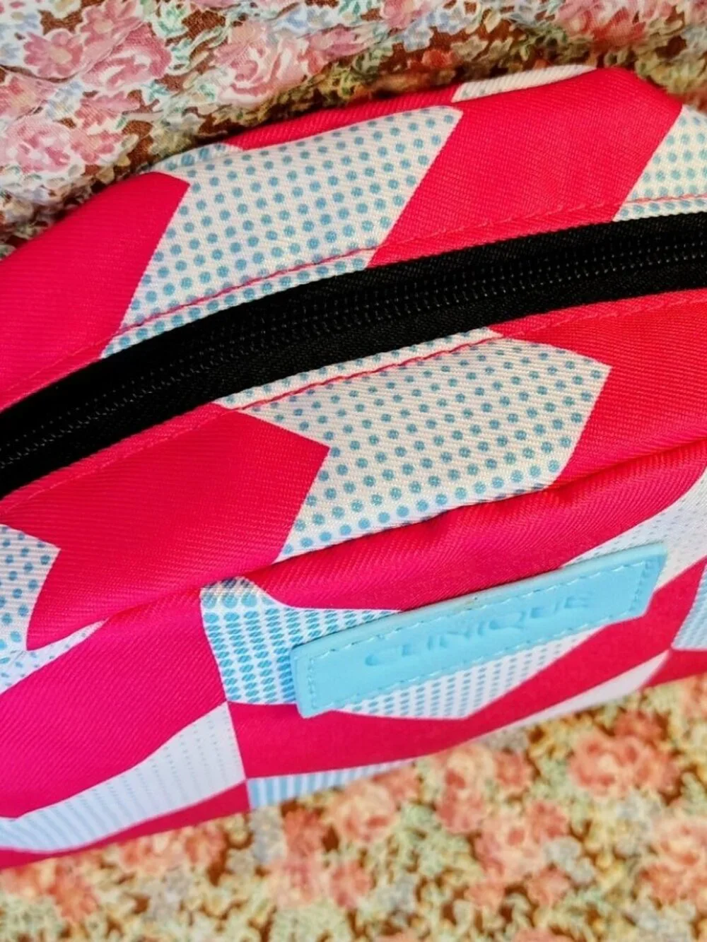 NWT Clinique Make Up Bag Cosmetics Pink & Blue Chevron